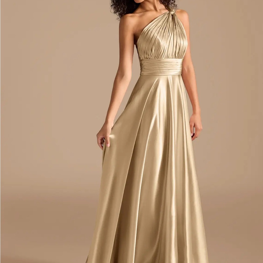 Azazie One-Shoulder Metallic Satin Gown in Champagne